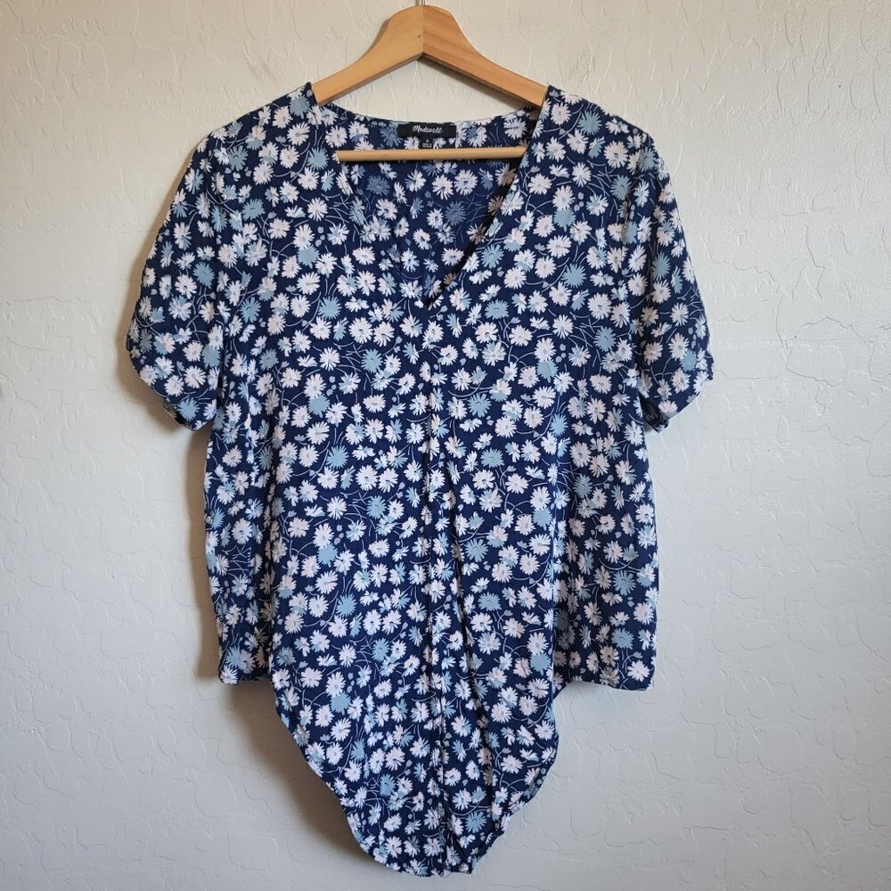 Madewell Novel Tie-Front Top In French Floral Drapey V-Neck Blue Size Women's M